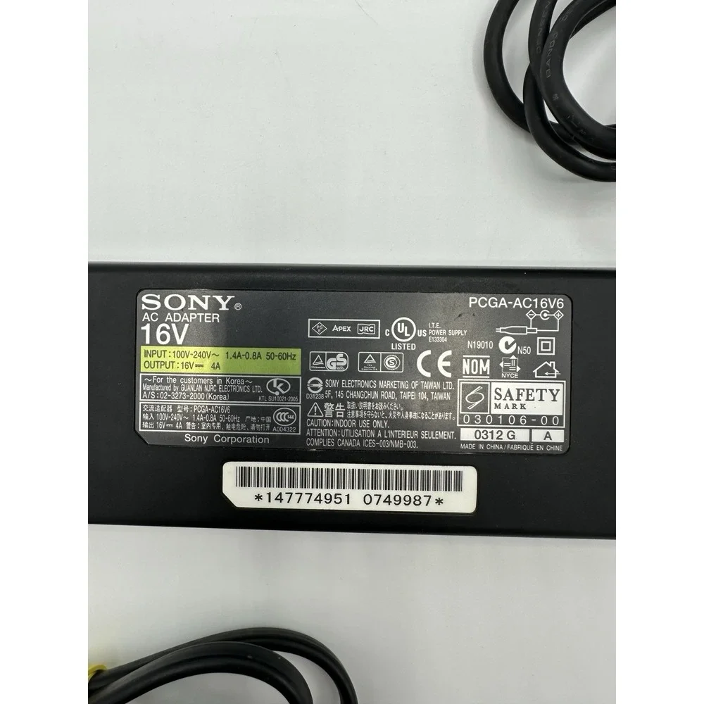 OEM Sony VAIO PCGA-AC16V6 AC Adapter Charger 16V 4A 64W Tested w/ Cord